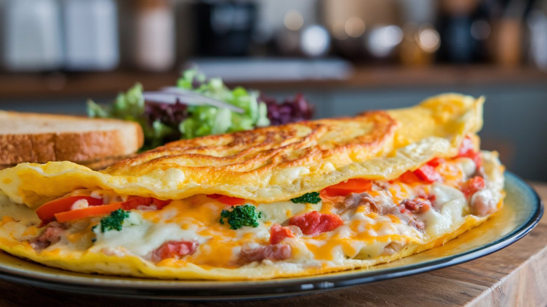 An omelette filled with roasted veggies and cheese on a plate