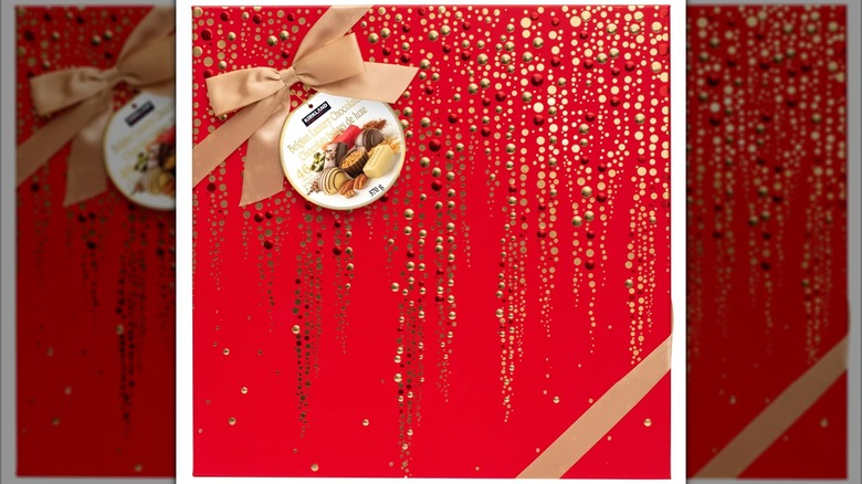 A red gift box of Kirkland Signature chocolates