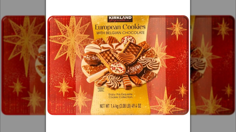 A red and yellow tin of Kirkland Signature European cookies with Belgian chocolate
