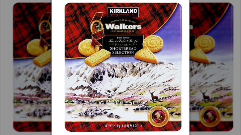 A metal tin of Kirkland Signature Walker Shortbread Cookies