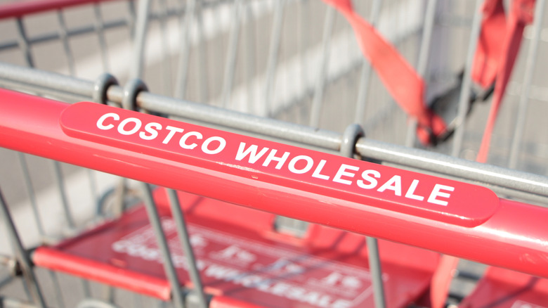 Red push bar with white text reading "COSTCO WHOLESALE" on a Costco shopping cart