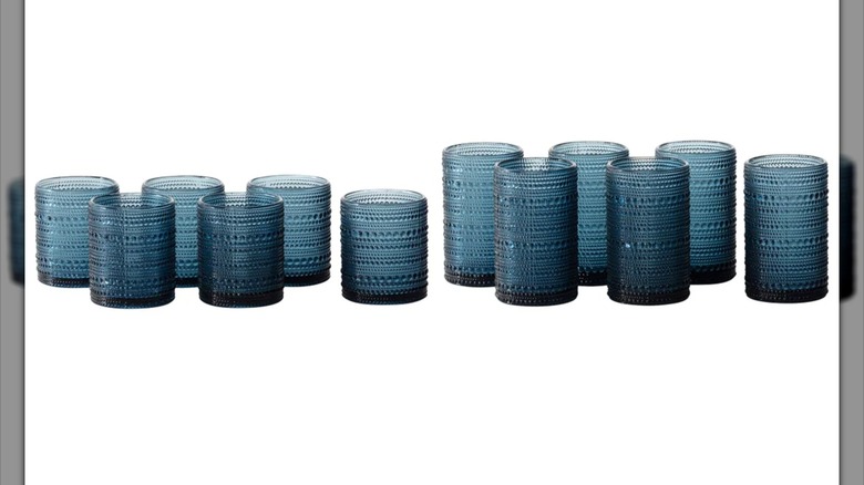 6 tall and 6 short blue glasses with bead-like designs