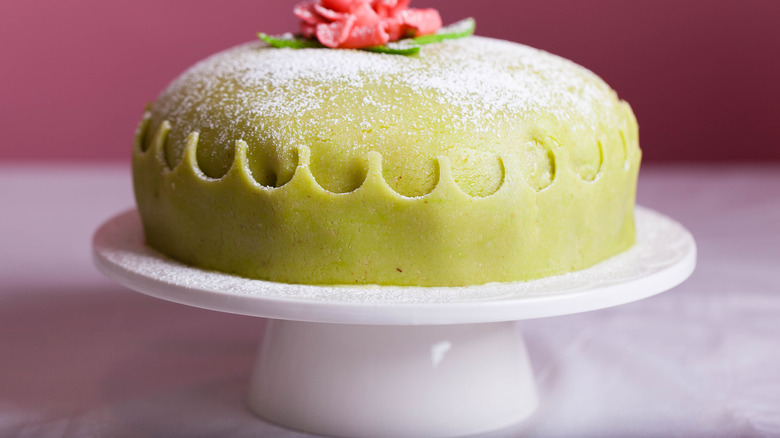 Swedish princess cake with powdered sugar