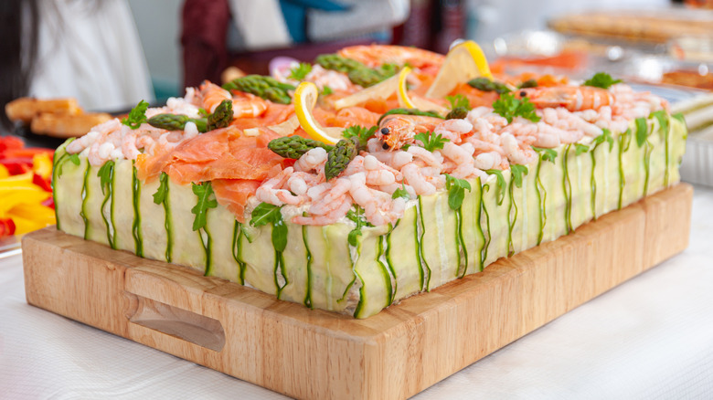 Smorgastarta on a wooden block