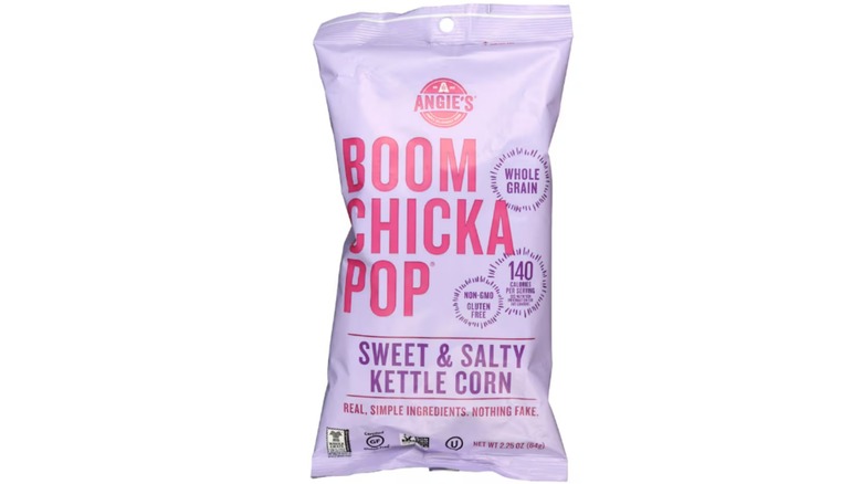 Boom Chicka Pop Kettle Corn from Dollar Tree in a light purple bag against a white background.