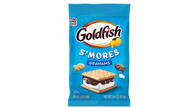 Goldfish Grahams S'mores snack crackers at the Dollar Tree in a blue bag against a white background.