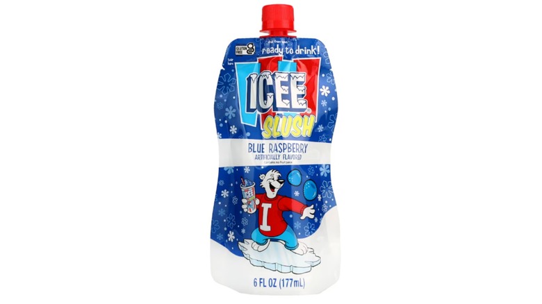 Icee Slush Blue Raspberry-flavored Drink at Dollar Tree in a blue package against a white background.
