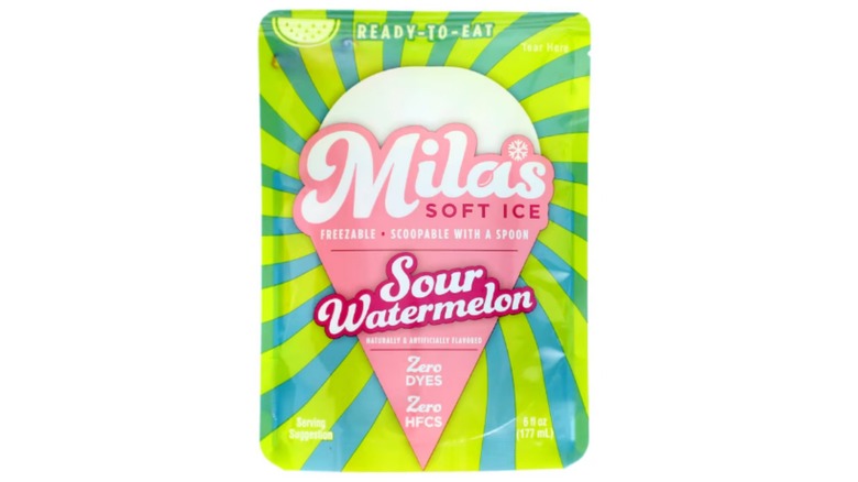 Mila's Soft Ice Sour Watermelon at Dollar Tree in a green, blue and pink package against a white background.