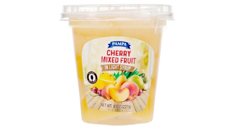 Pampa Mixed Fruit Cup from Dollar Tree beach snack against a white background.