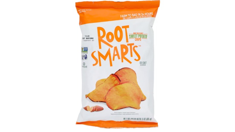 Root Smarts Sweet Potato Chips from Dollar Tree in a white and orange bag against a white background.