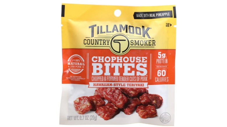 Dollar Tree Tillamook Hawaiian-Style Teriyaki Chophouse Bites in a yellow and orange package against a white background.