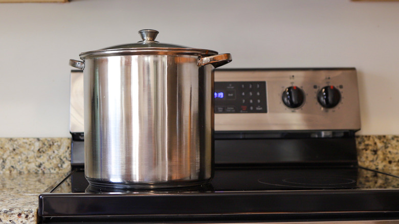 Metal stockpot with lid on stovetop