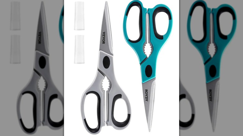 Two VEVOR Stainless Steel Kitchen Shears with Sheaths on a white background
