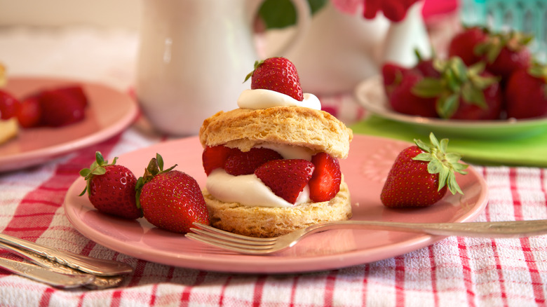 Assembled strawberry shortcake with fork