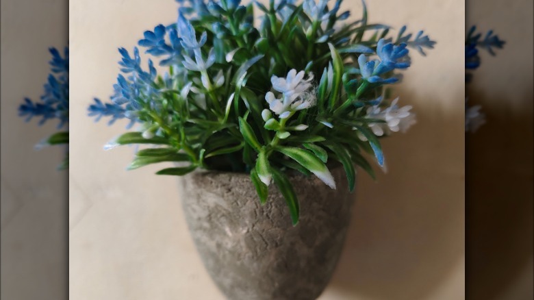 Fake flowers in a wall sconce with dust built up on the leaves