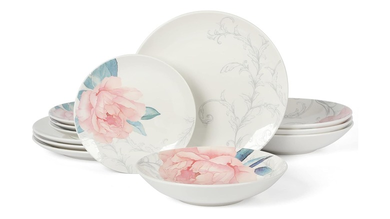 Martha Stewart peony floral 12-piece porcelain dinnerware set