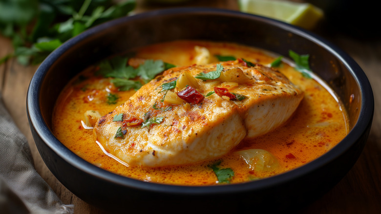 Bowl of fish curry garnished with red chiles and herbs.
