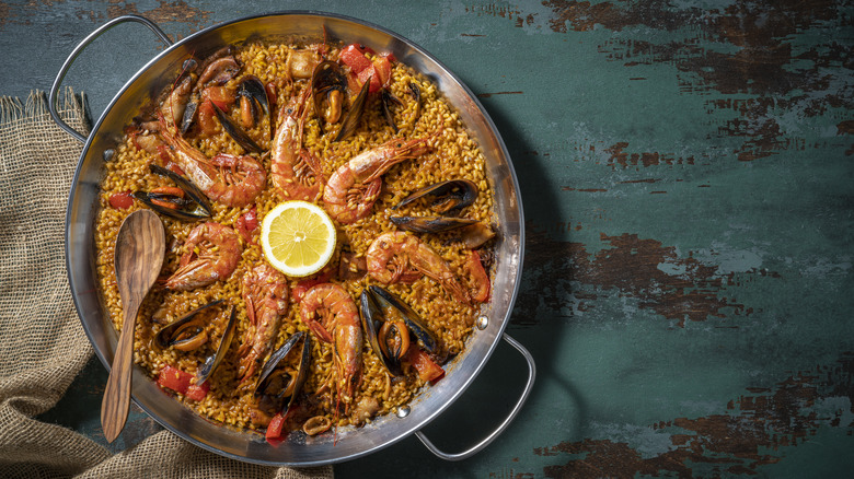 Seafood paella on table