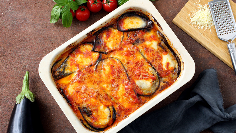 Eggplant Parmesan in white dish