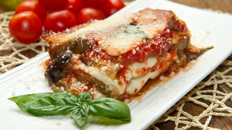 Eggplant Parmesan slice on plate