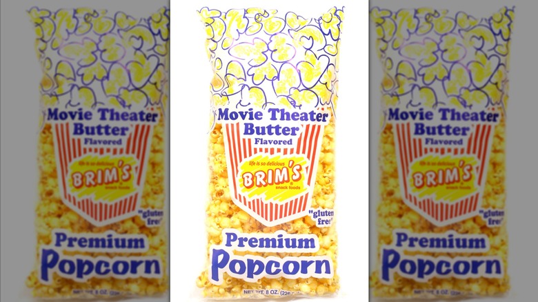 A package of Brim's Butter-Flavored Popcorn seen on a white background