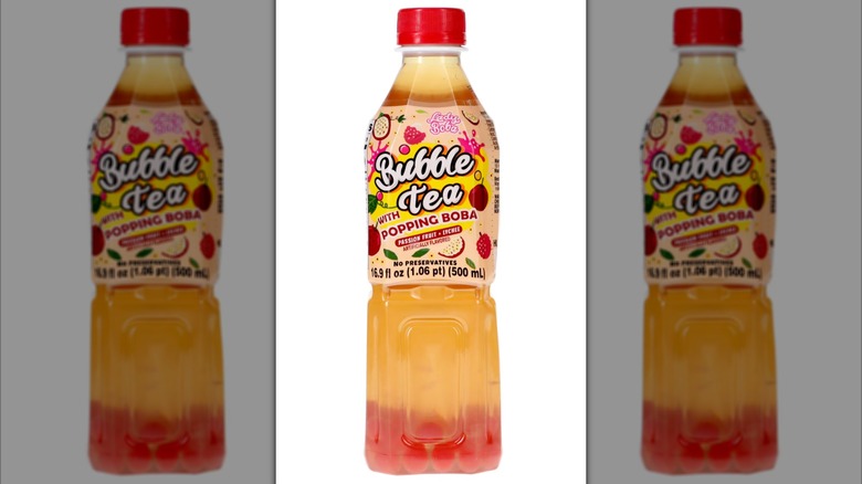 A bottle of Lady Boba Passion Fruit And Lychee Flavored Tea against a white background