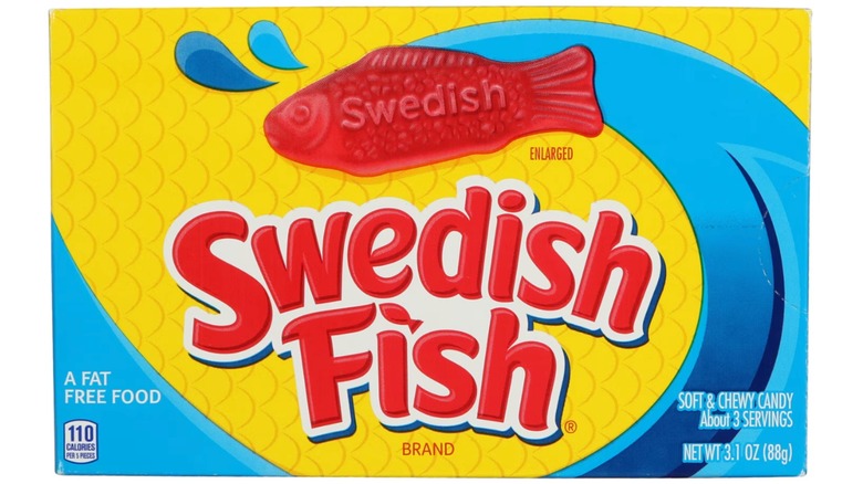 A box of Swedish Fish, seen on a white background