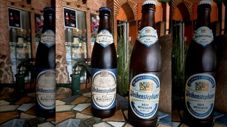 Bottles of Weihenstephaner on table