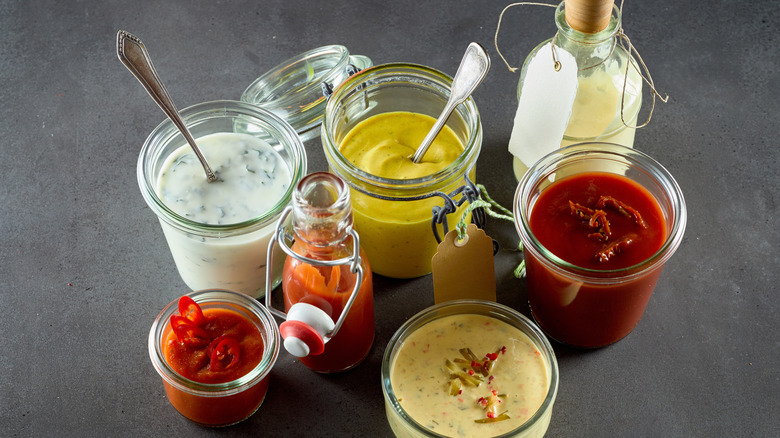 Jars of condiments and sauces