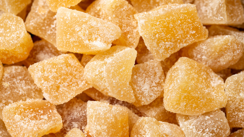 A closeup of candied ginger pieces.