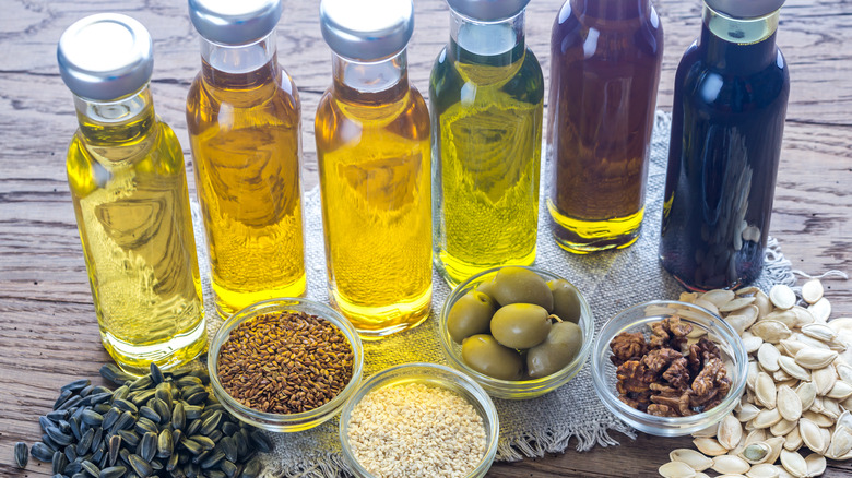 various oils in glass bottles