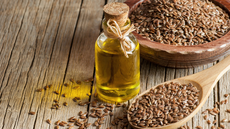 rustic bottle of flaxseed oil