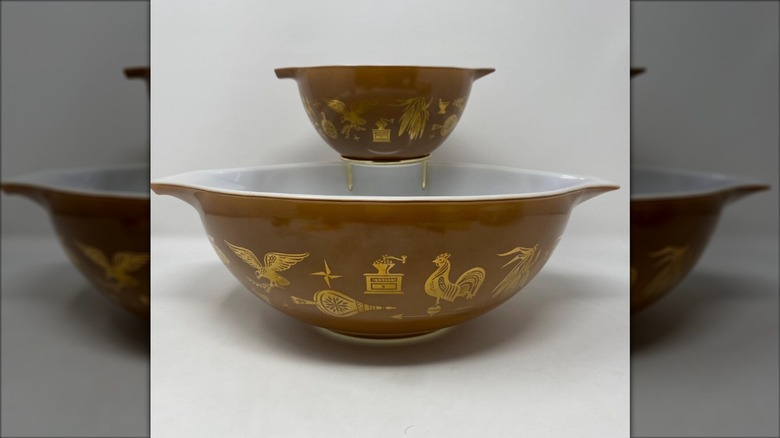 Pyrex Early American chip and dip set, brown bowls with gold eagles, cats, oil lamps, tea kettles, coffee grinders