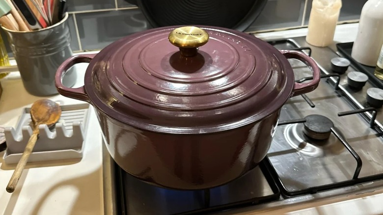 A large round Le Creuset Dutch oven in Fig