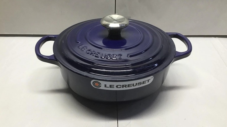 A small round Le Creuset Dutch oven in Indigo