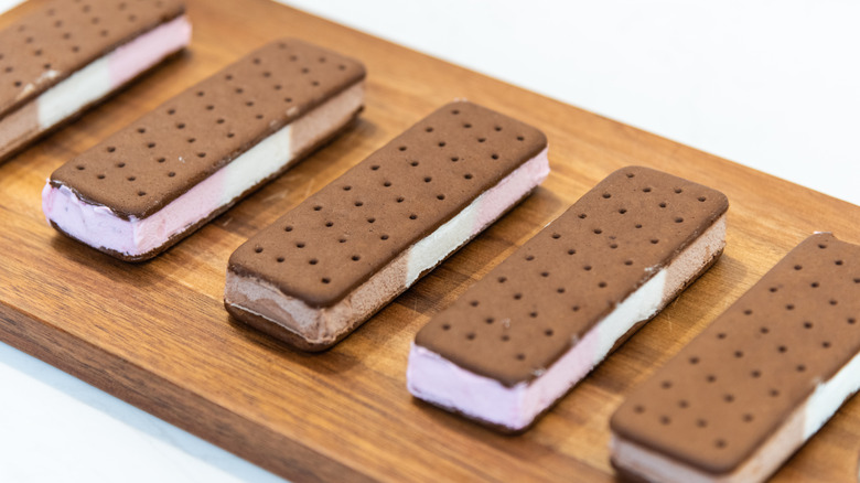 A line-up of ice cream sandwiches on a table