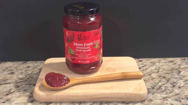 Jar of Good & Gather Strawberry Fruit Spread with sample on spoon