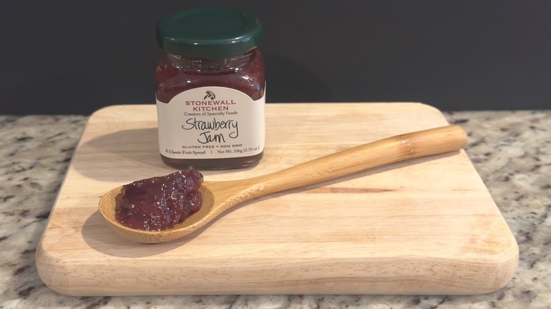 Jar of Stonewall Kitchen Strawberry Jam with sample on spoon