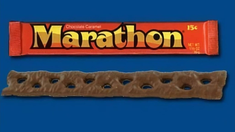 A wrapped Marathon Bar and an open one on a dark blue background
