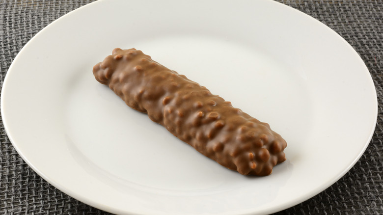 A chocolate bar with puffed rice coating on a white plate