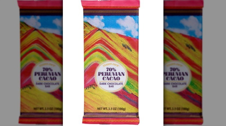 Peruvian chocolate bar with colorful label on white background