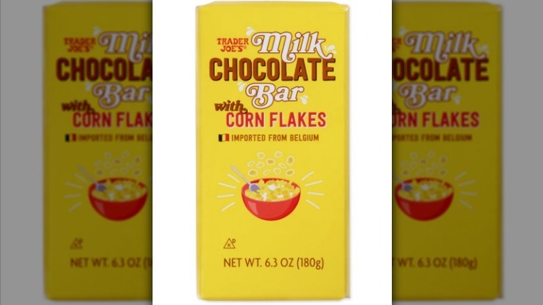 Corn flake chocolate bar with a yellow label on a white background.