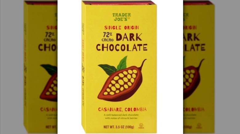 Single origin dark chocolate bar with yellow label on white background