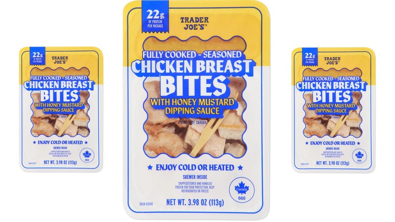 3 packages of Trader Joe's chicken breast bites with a blue, yellow, and white package against a white background.