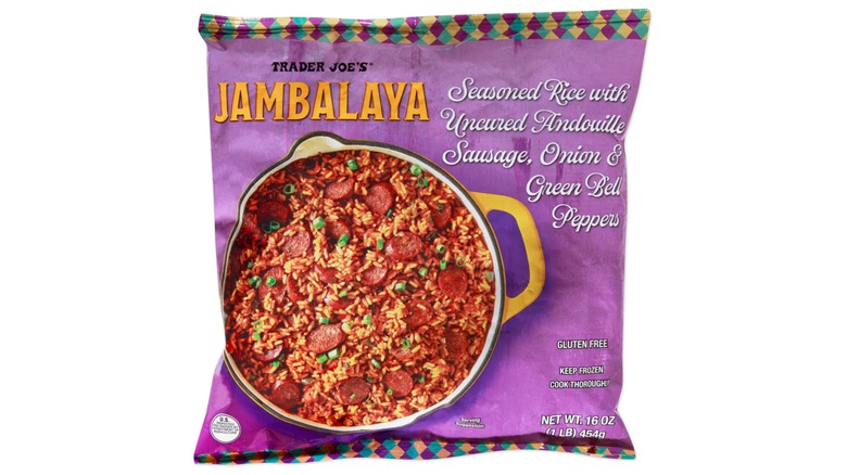 A purple bag of Trader Joe's frozen jambalaya against a white background