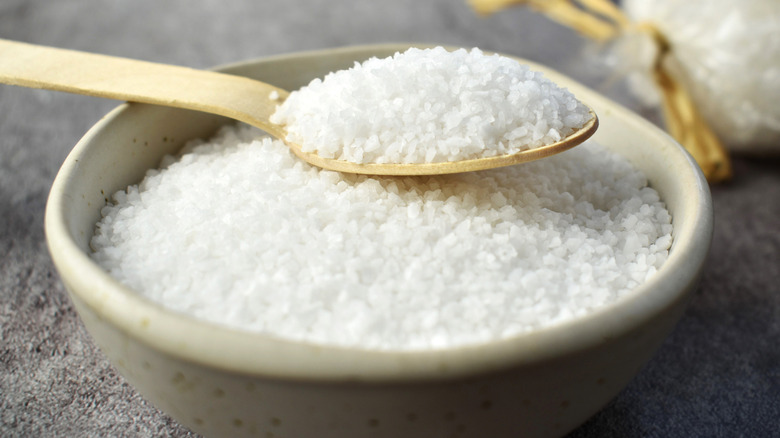 Spoon of sea salt, resting on bowl of salt