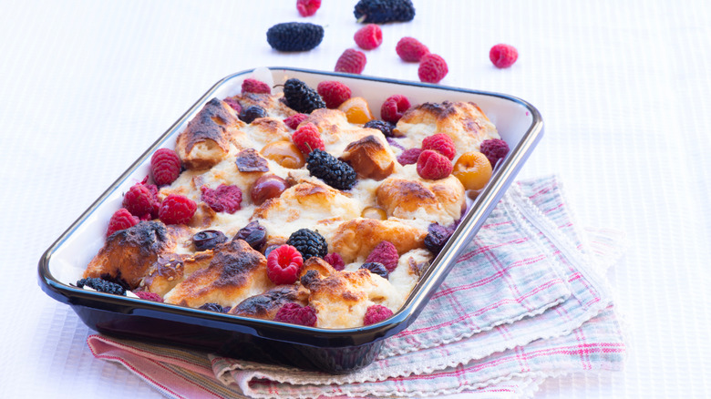 French toast bread pudding, topped with fresh berries