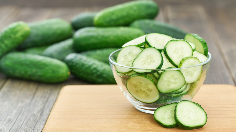 Sliced cucumbers in bowl