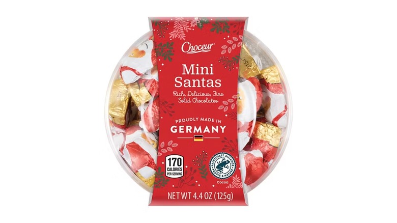 Clear container of Choceur Solid Chocolate Mini Santas