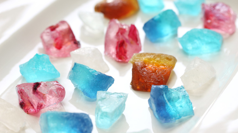 Traditional Japanese Kohakutou crystal gummy candies on a plate